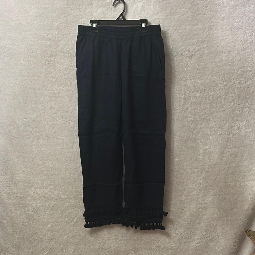 Crown & Ivy Midnight Blue Cropped Pants w/Double Tassel Hem and Elastic Waist
